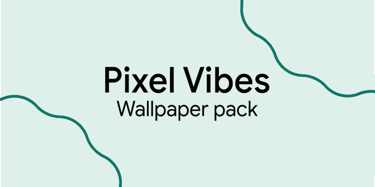 Two curved shapes resembling scallops in the top left and bottom right corners. Text in the center reads 'Pixel Vibes Wallpaper Pack'